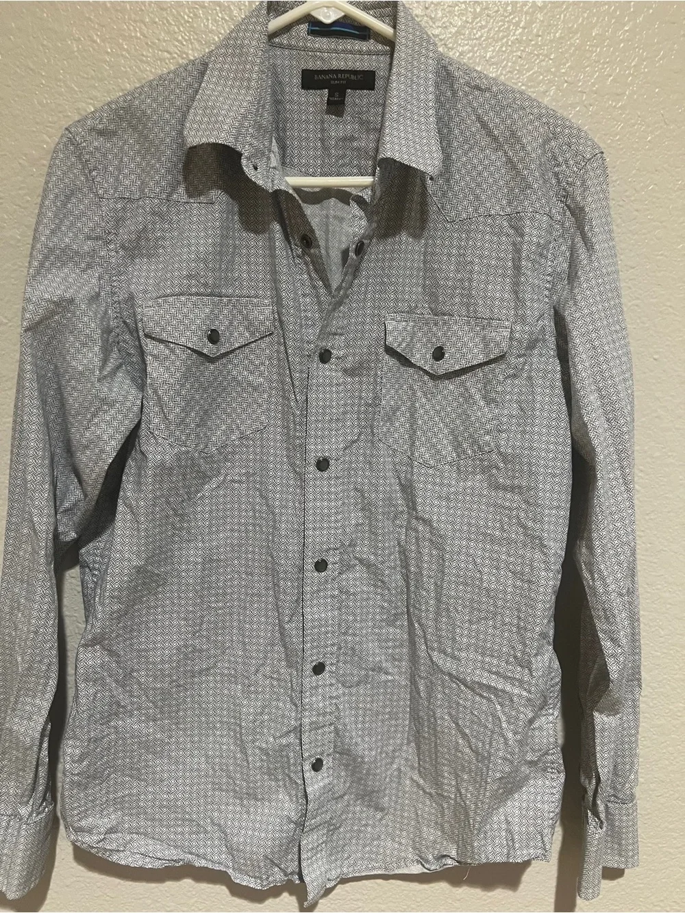 Banana Republic Light Blue & White Micro-Pattern Snap Button-Down Shirt Small